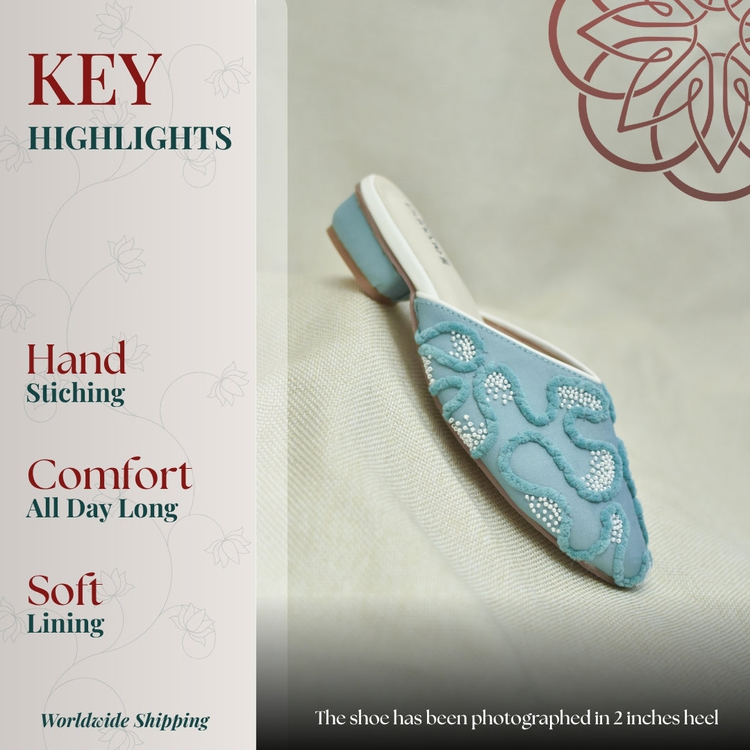 Sky blue slip on with bead detailing and soft handcrafted finish for day time wear
