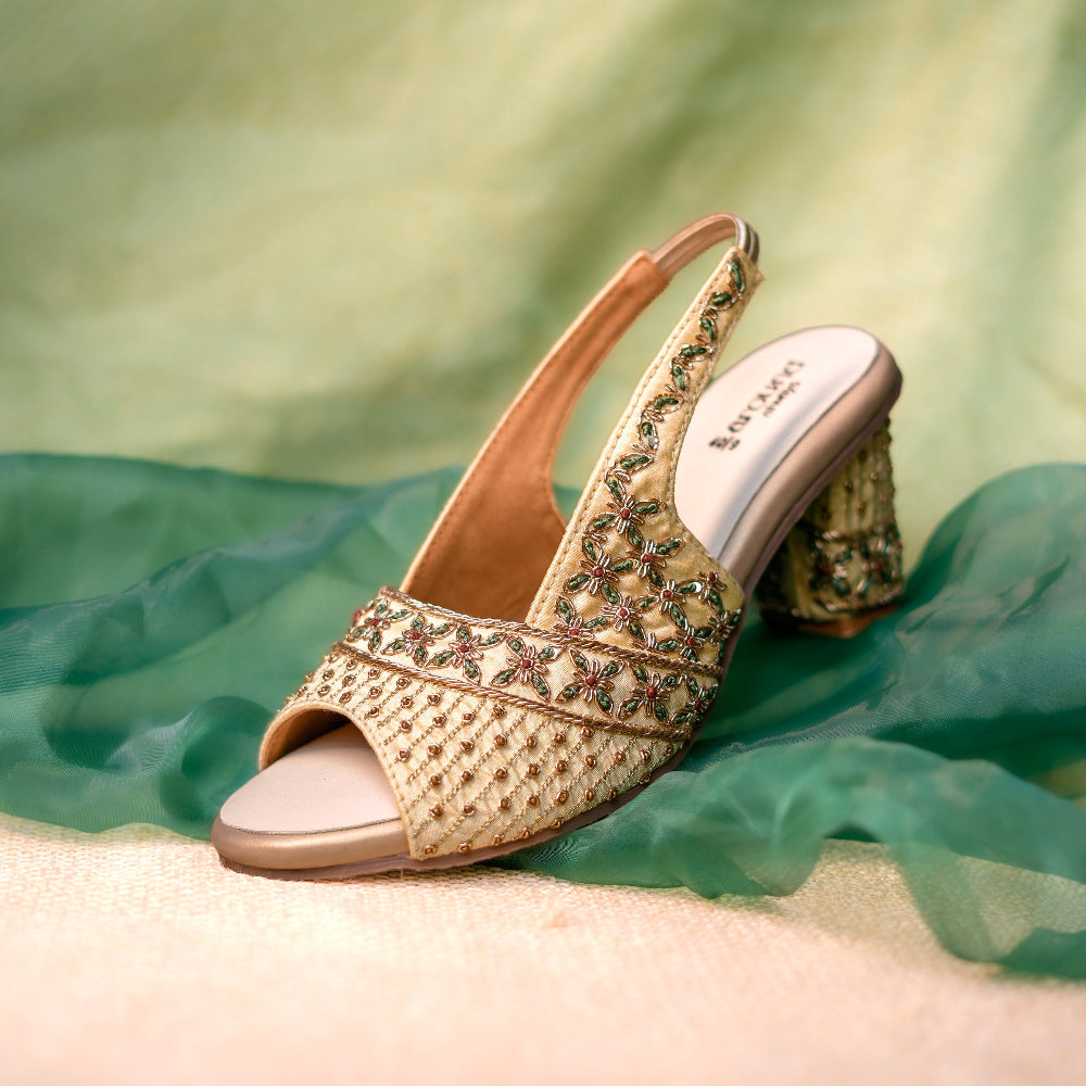 Gold slingback heels with floral detailing for weddings
