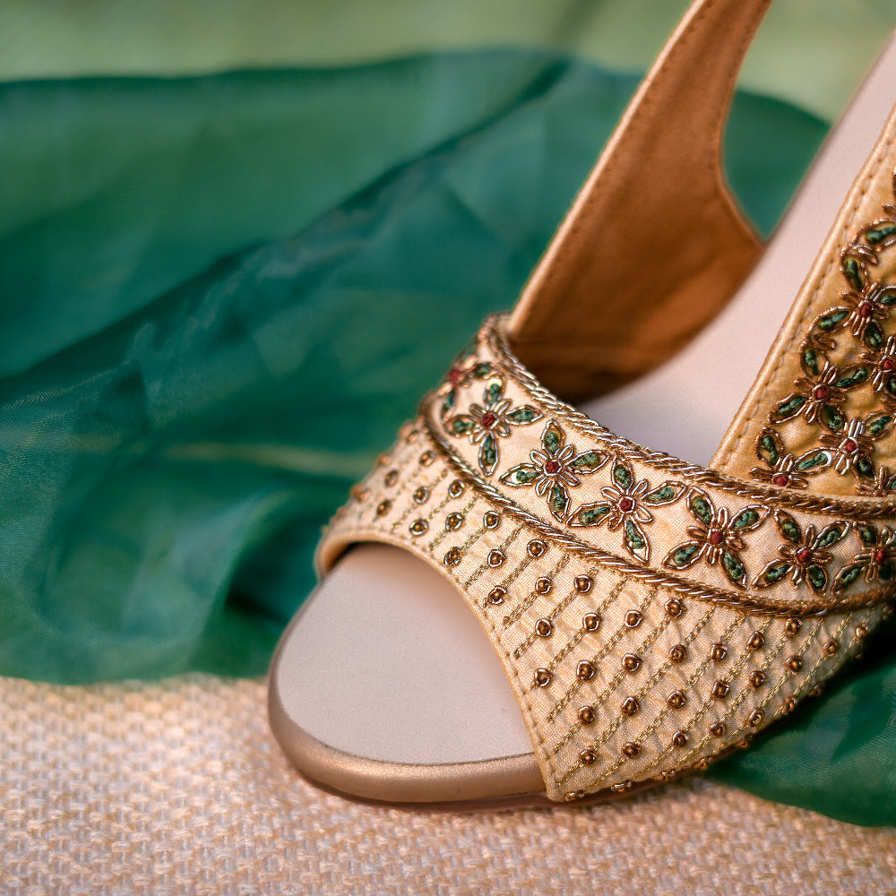 Bridal gold heels with embroidered front and slingback
