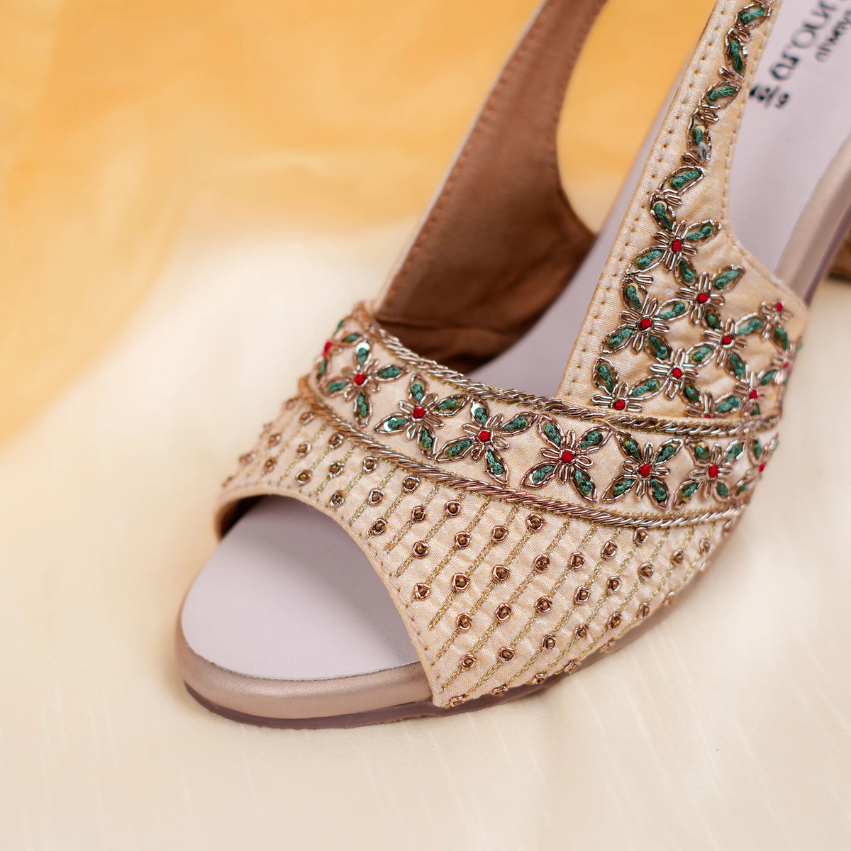 Hand-embroidered zari work embroidered heels for festive and wedding outfits