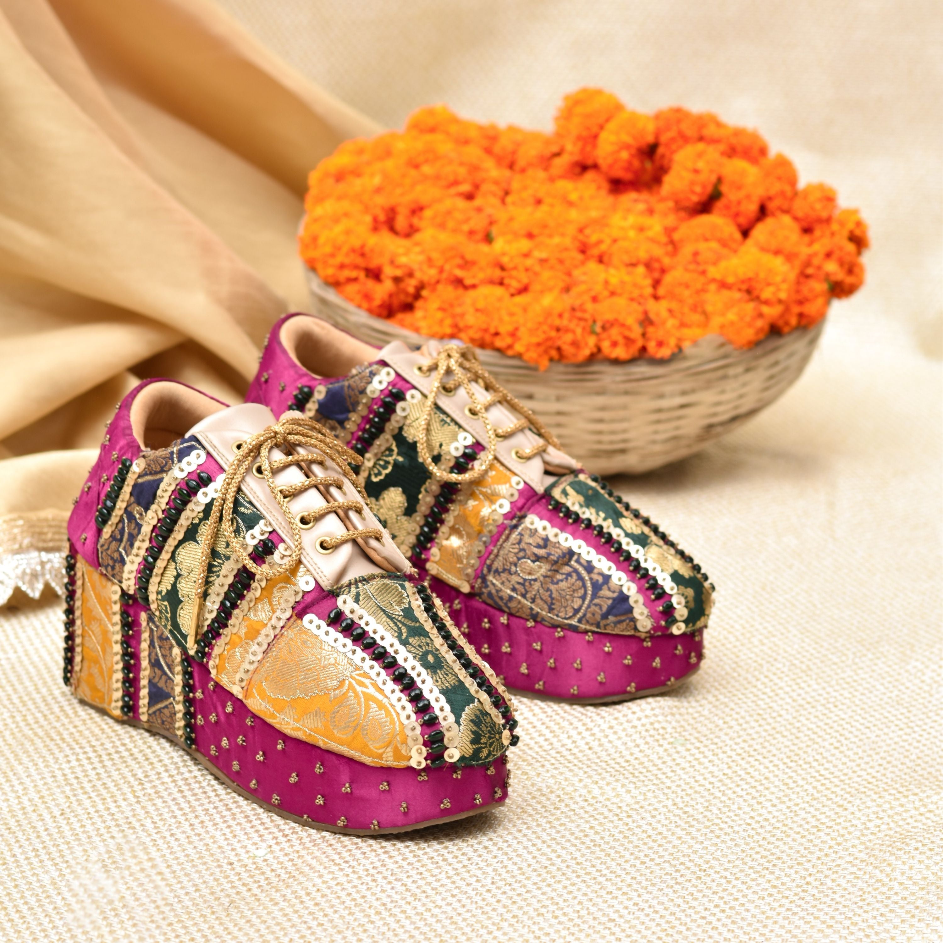 Colourful brocade sneakers for weddings with cushioned comfort. 