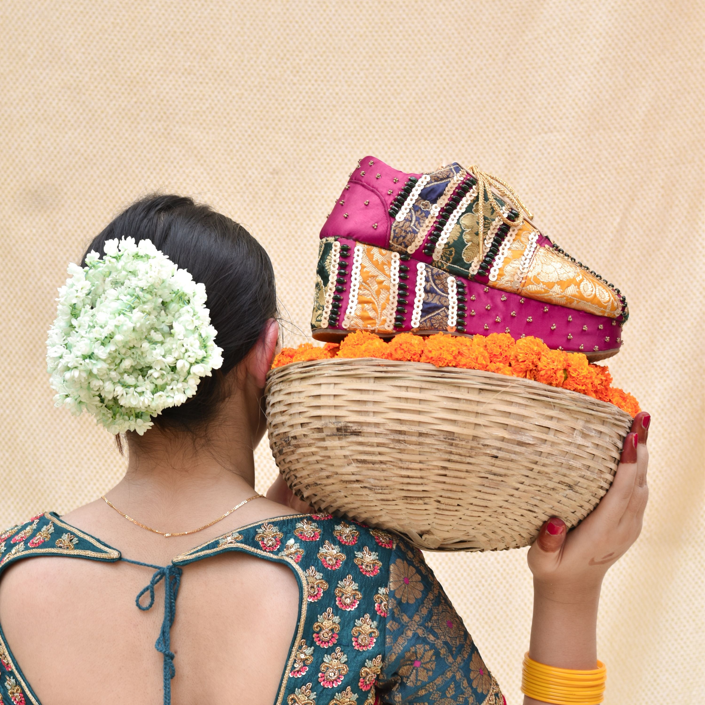Traditional Indian patchwork brocade sneakers in pink, mustard and green.