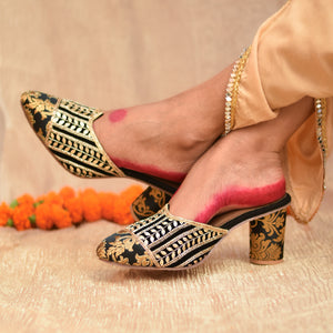 High-heeled Mules with gold and black brocade and zardozi embroidery