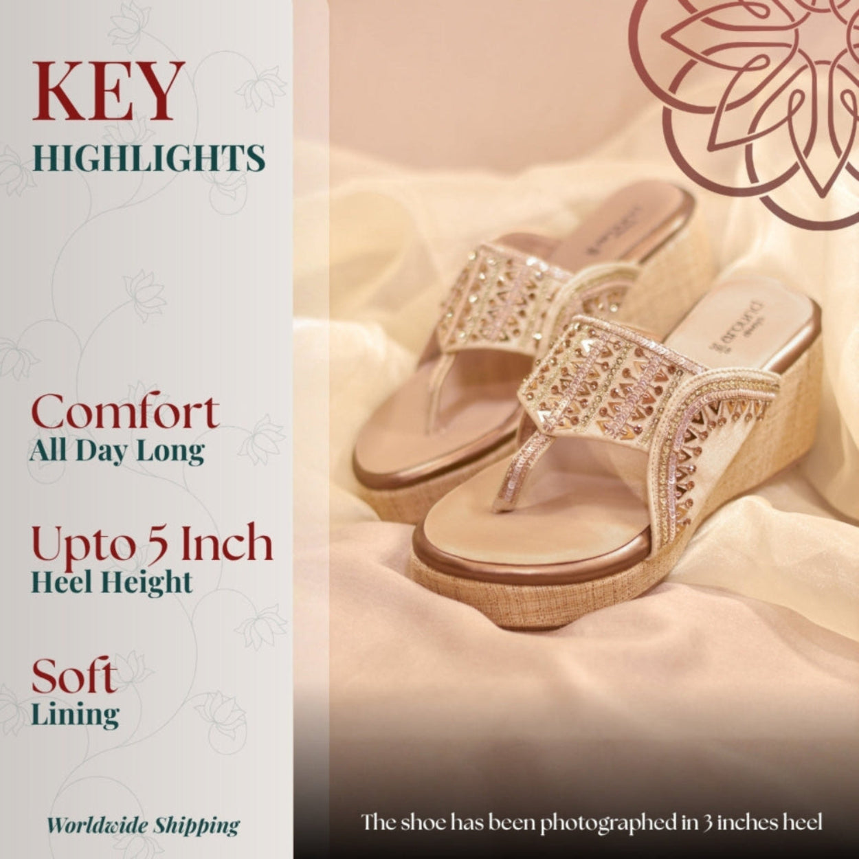 Gold embellished wedge thong sandals with textured platform
