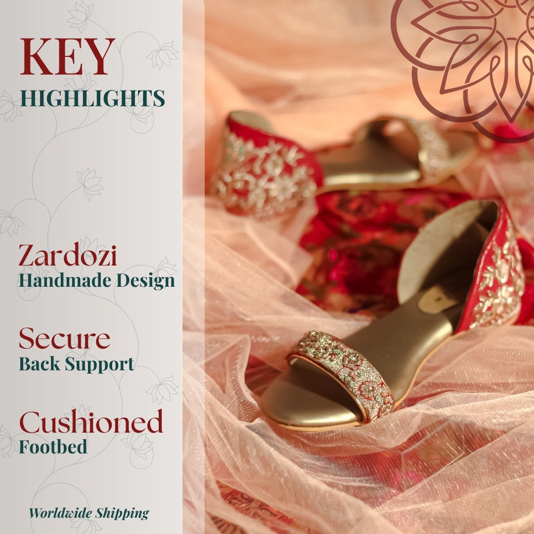Red designer bridal flats with zardozi intricate hand-embroidery for Indian weddings