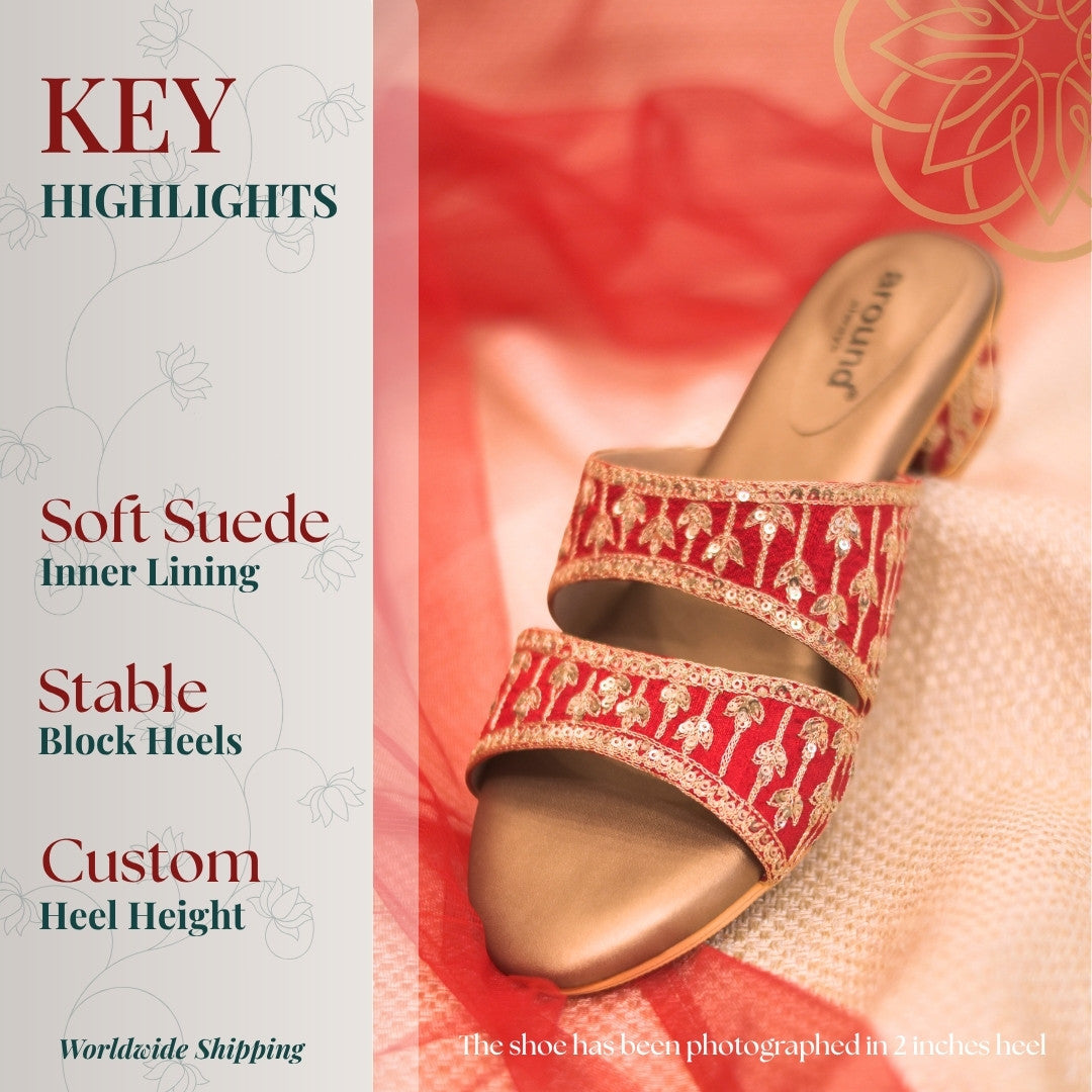 Red zardozi work block heels for bridal lehenga with Sabya design