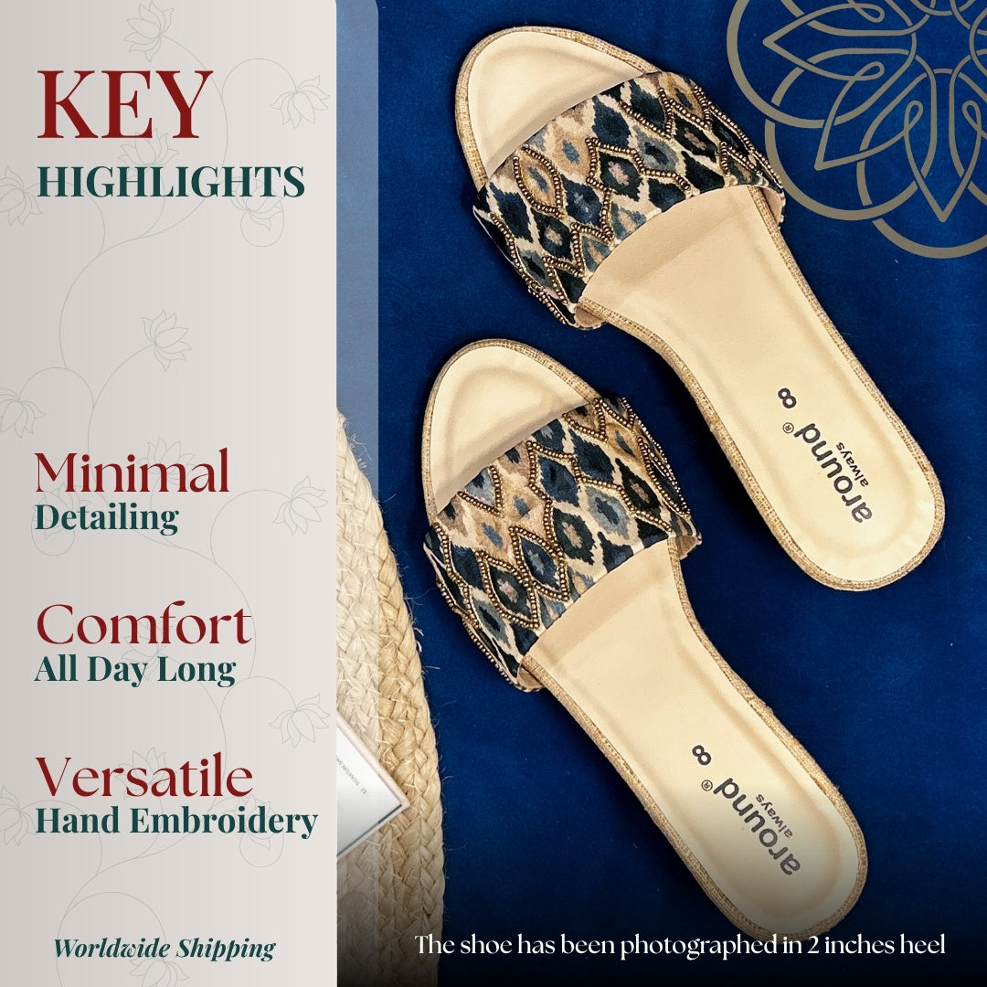 Blue sliders with geometric embroidered strap and minimal detailing