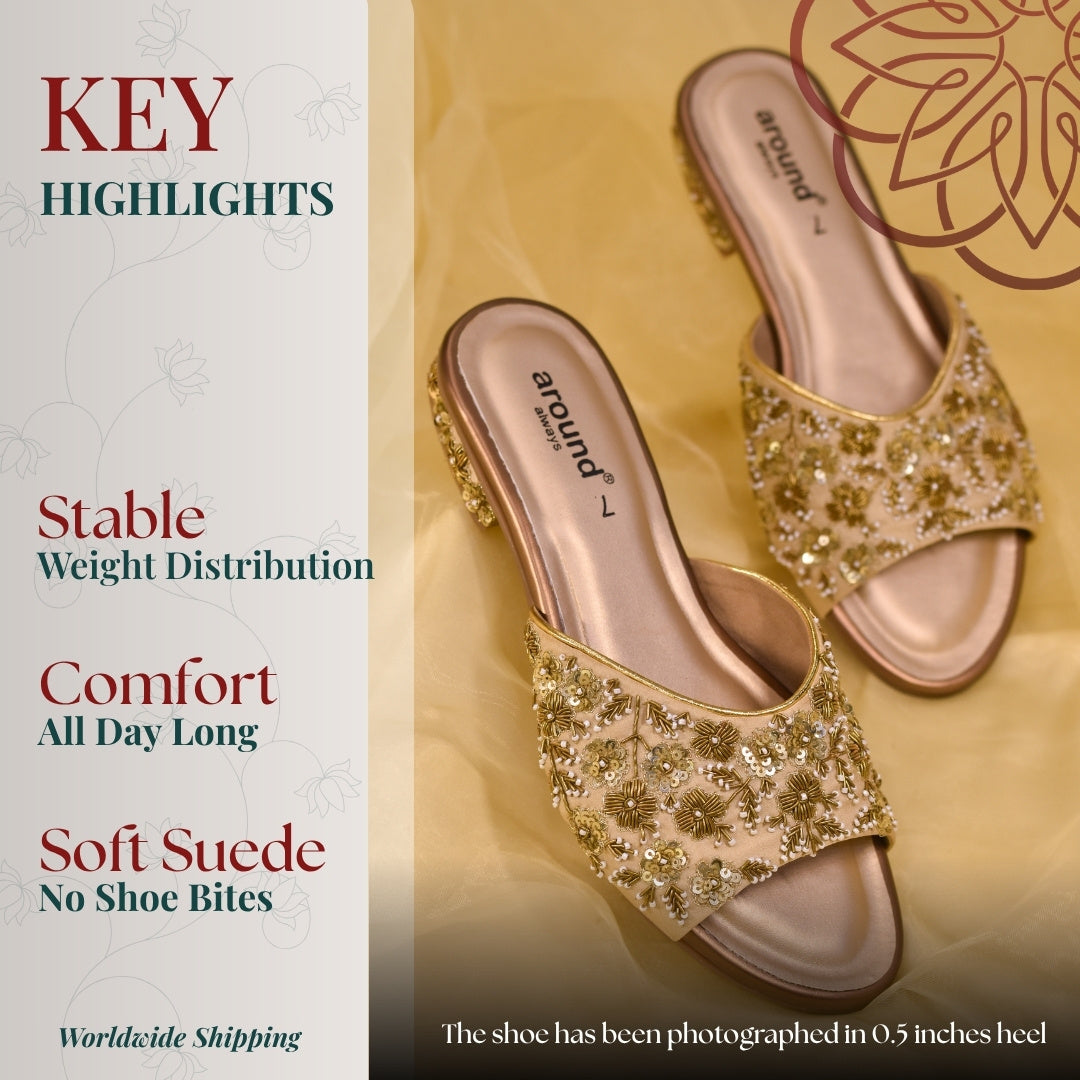 golden Soft suede lined flats with gold embroidery and lightweight feel