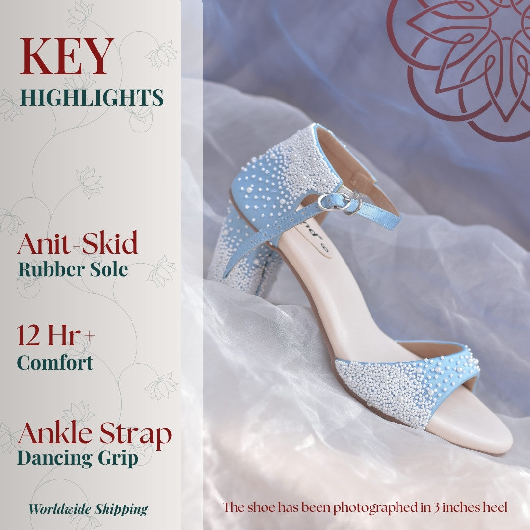 Blue pearl embellished sangeet and party heels with ankle strap for grip