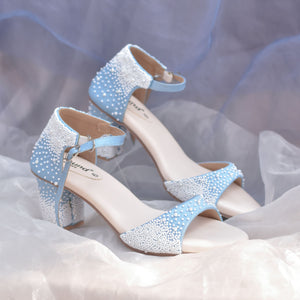 Sky blue block heel sandals with white beaded detailing for women