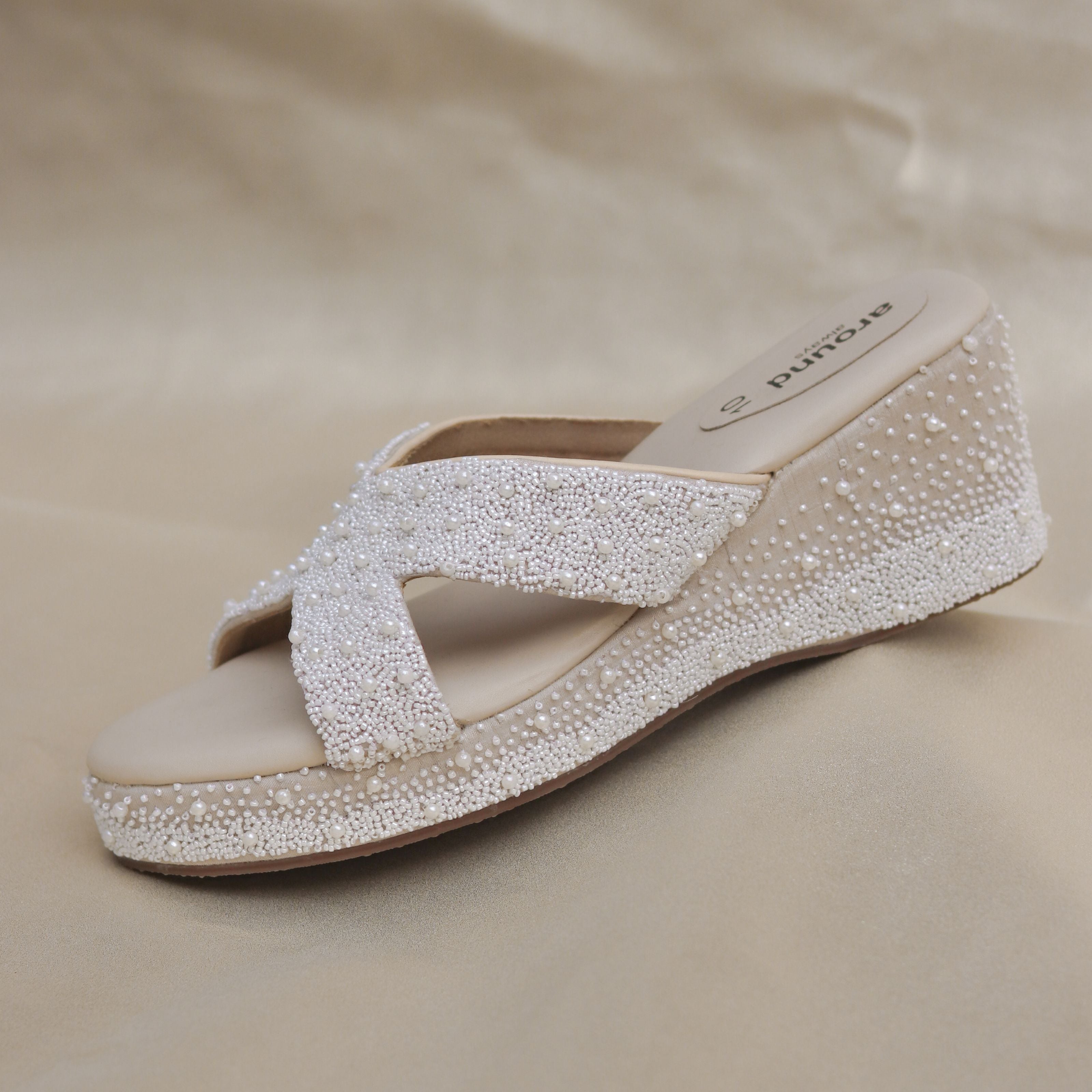Bridal pearl wedges with handcrafted beadwork on straps and heel