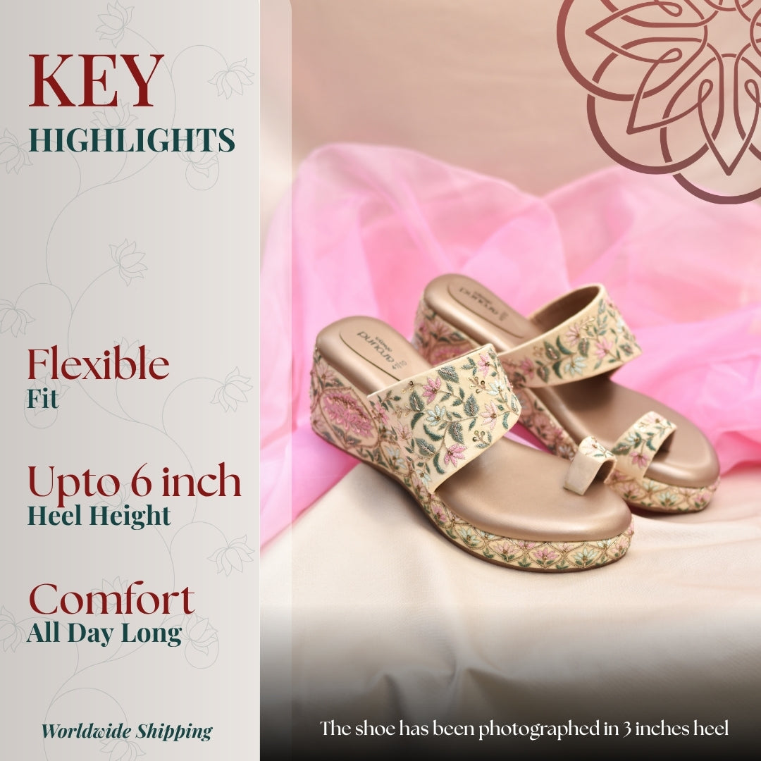 Elegant floral wedges delicate embroidery, open structure, and comfortable height for day tonight wear