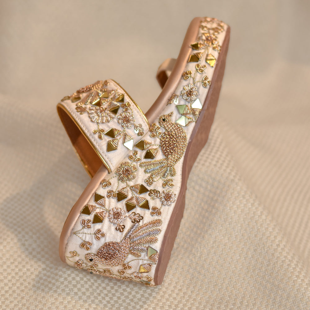 Festive toe-ring wedges with intricate peacock embroidery and embellished platform
