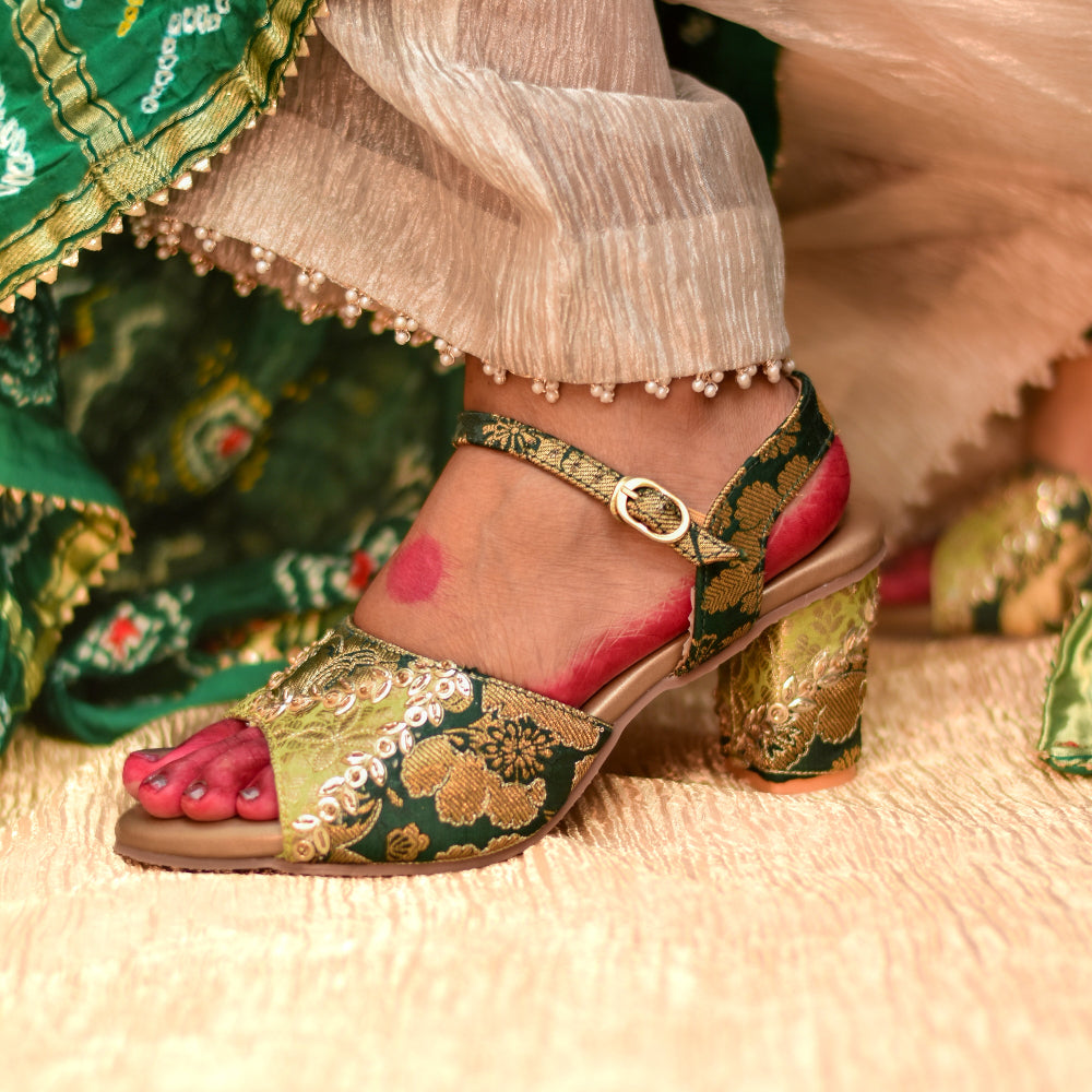 Green brocade block heel sandal with sequins embroidery and cushioned insole