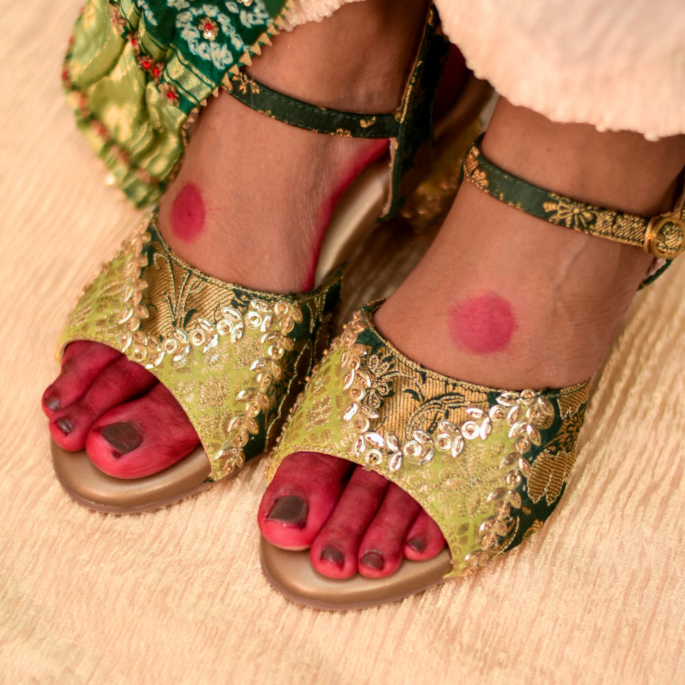 Ethnic block heel sandal with gold sequins embroidery and buckle strap with cushioned insole
