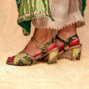 Banaras brocade green and gold shoes with floral patterns and steady block heels