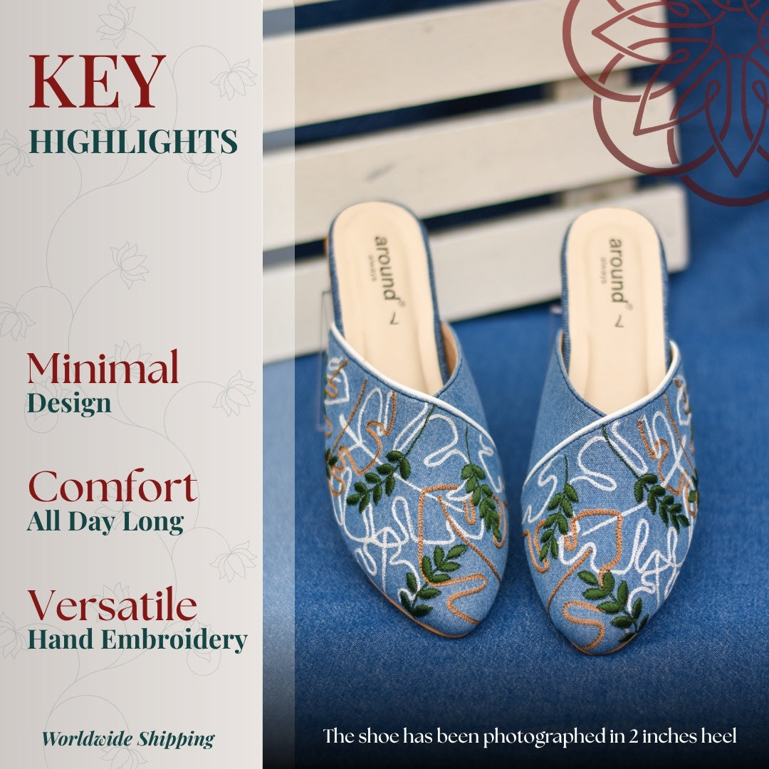 Casual slide featuring hand stitched palm tree leaf pattern on fabric strap