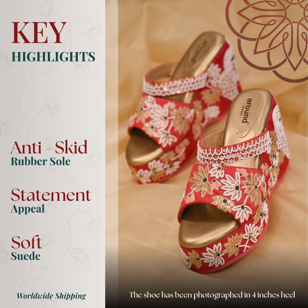 Festive red colour  wedges sandals with intricate floral threadwork and shine