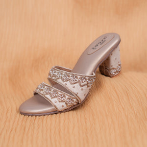 Handcrafted wedding heels in ivory and golden shades for Indian sare and Anarkali