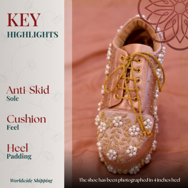 Blush pearl embellished sneaker with gold laces and cushioned anti skid sole for comfortable wear