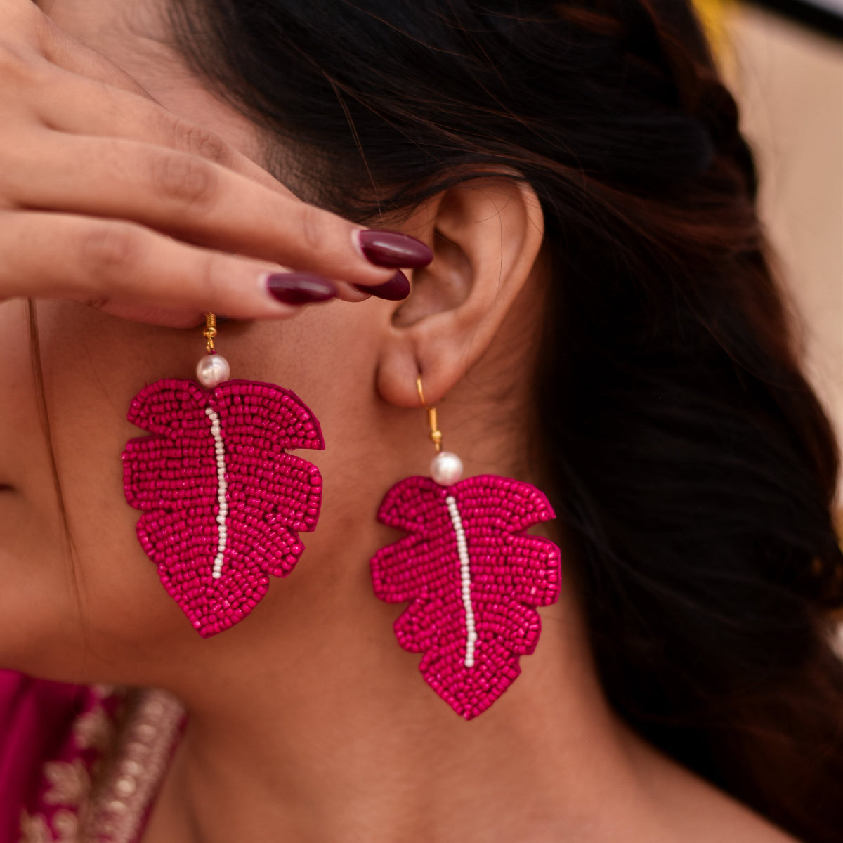 Pink leaf shaped earrings light in weight for all day wear