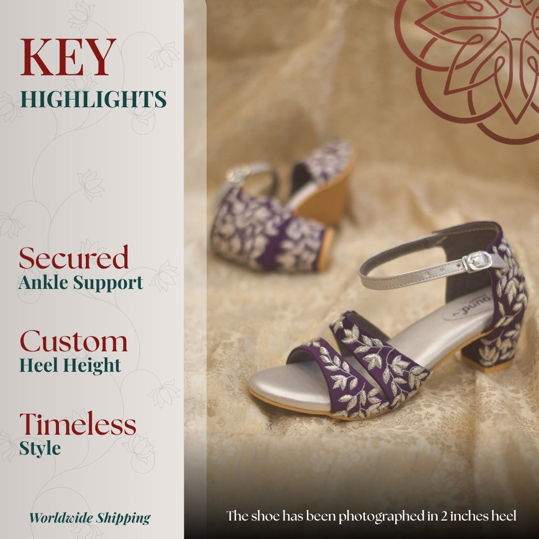 Purple block heel sandals with Ankle strap floral threadwork 