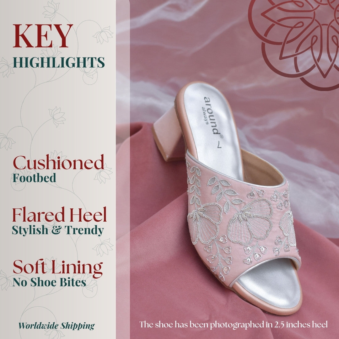 Pastel and Silver floral zardozi peep toe sandals with flared block heels