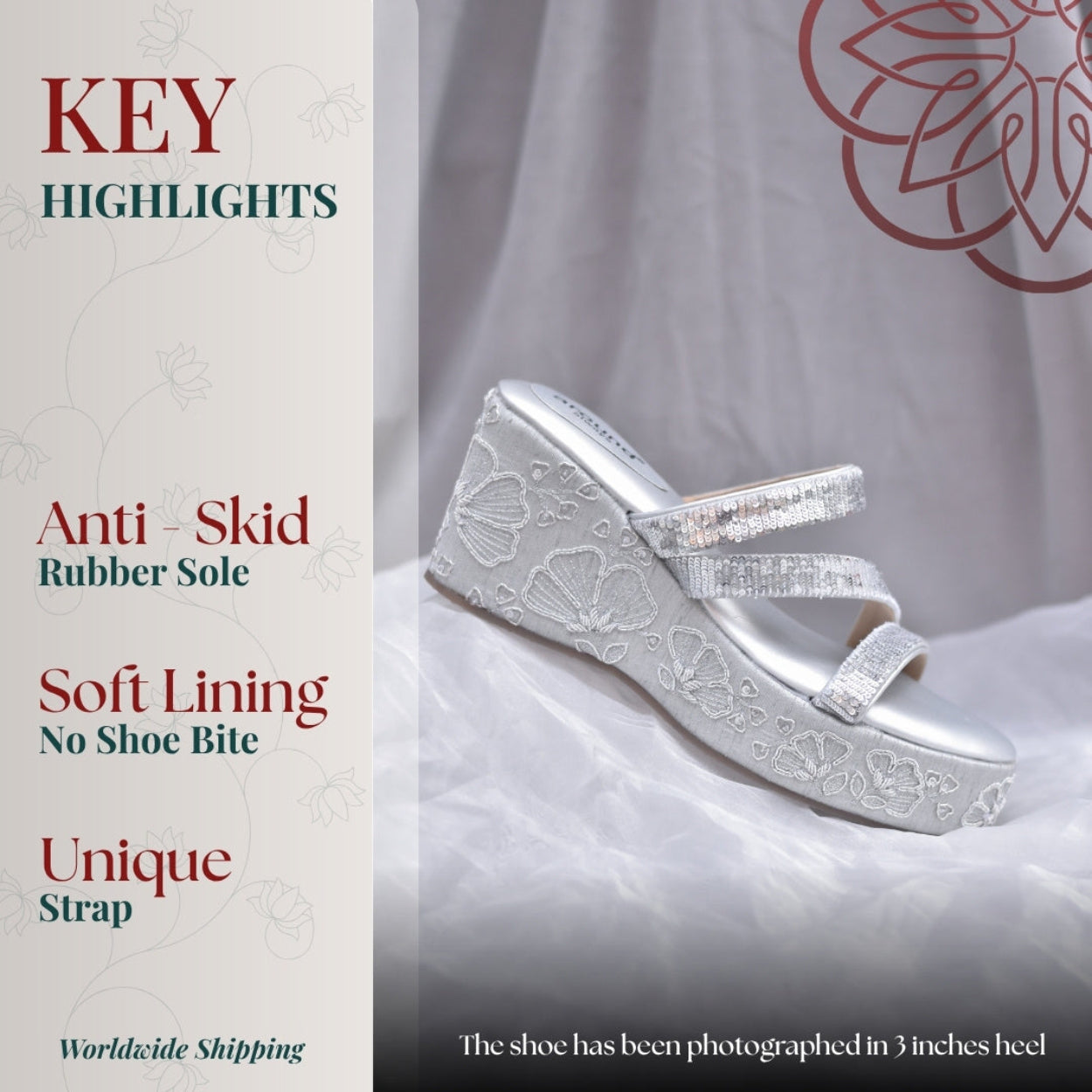 Silver embroidered wedge sandals with dual sequin straps 