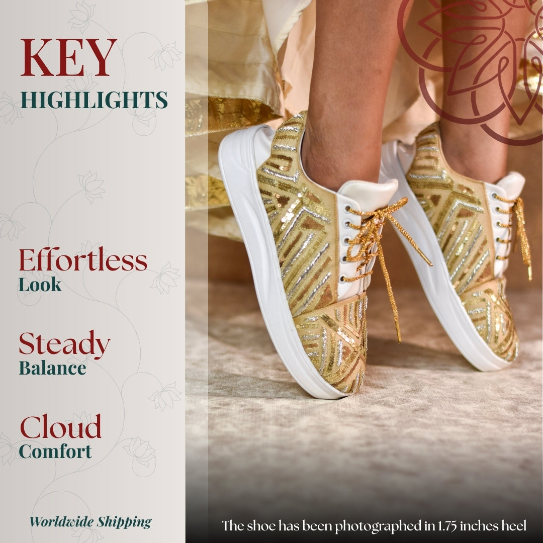 Gold embroidered sneaker with geometric patterns and cushioned sole