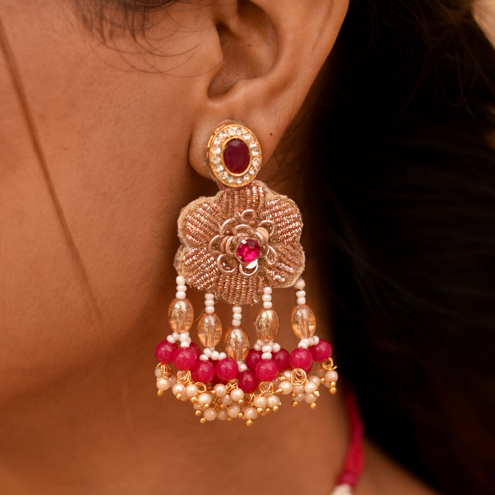 Handmade zardozi embroidery earrings in pink and golden colour tones 