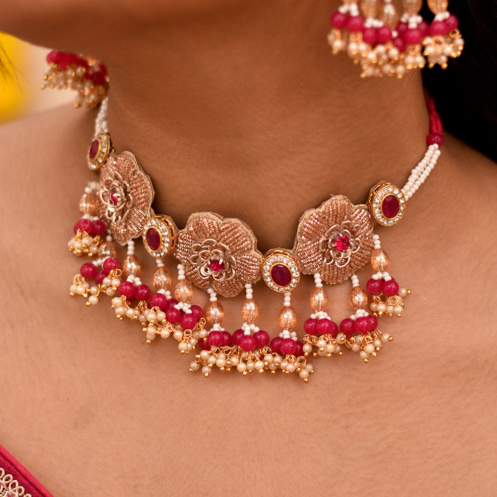Ornate haldi event necklace with rani stones and gold zardozi accents