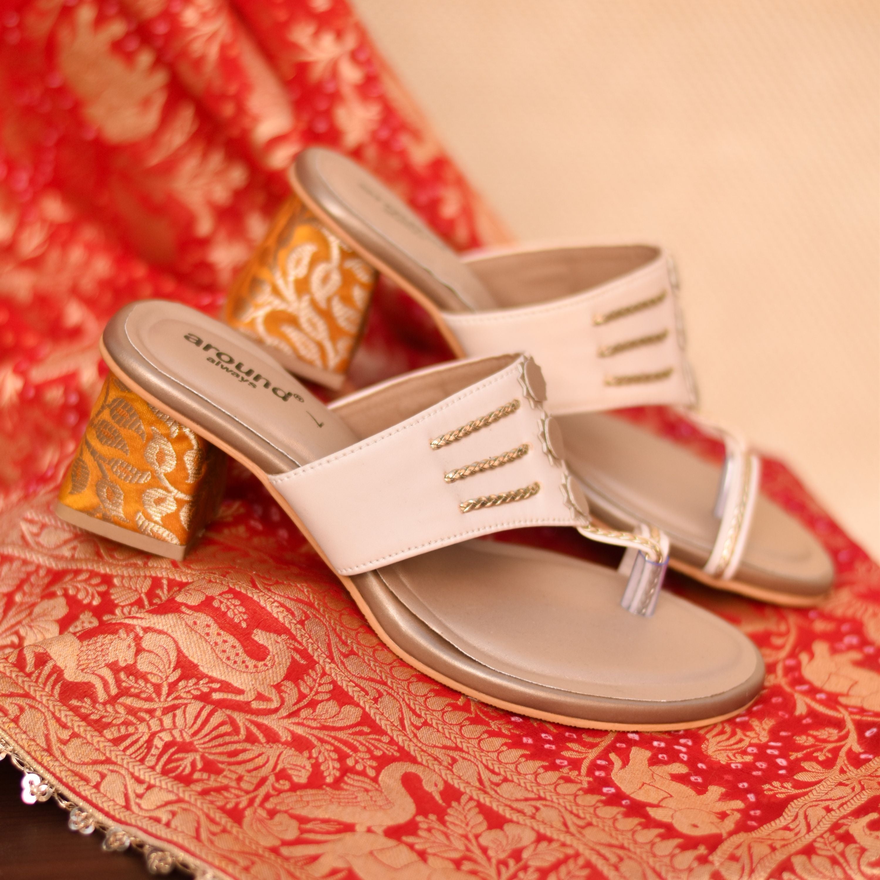 Kolhapuri design sandals in ivory with brocade block heels