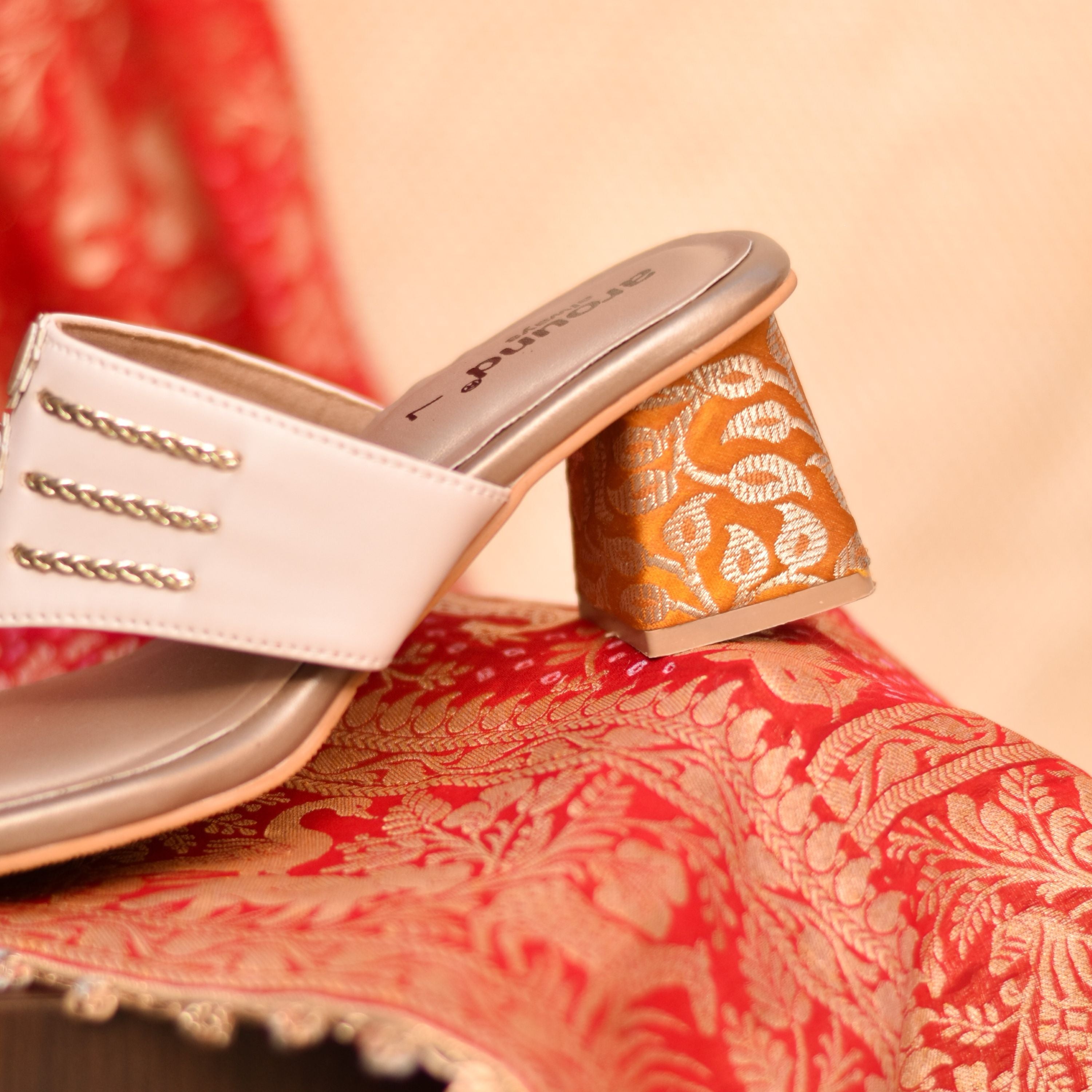 Stylish ethnic block heel sandals with ivory strap and brocade heels