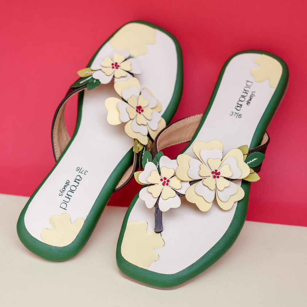 Green and ivory floral sandal with layered flower appliqués
