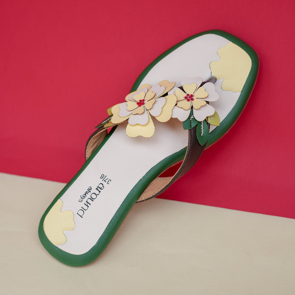 Green bordered sandal with colourful floral decoration
