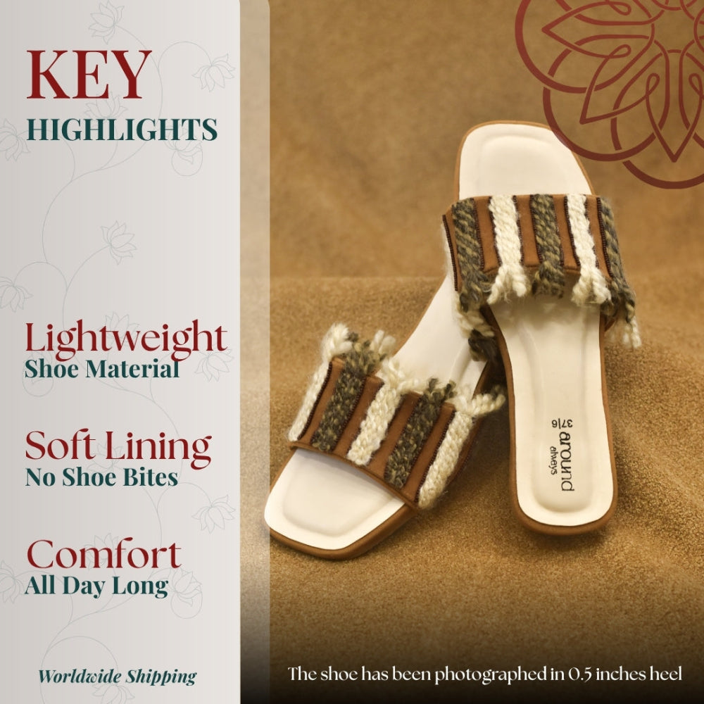 Brown sandal with white sole on for casual wear