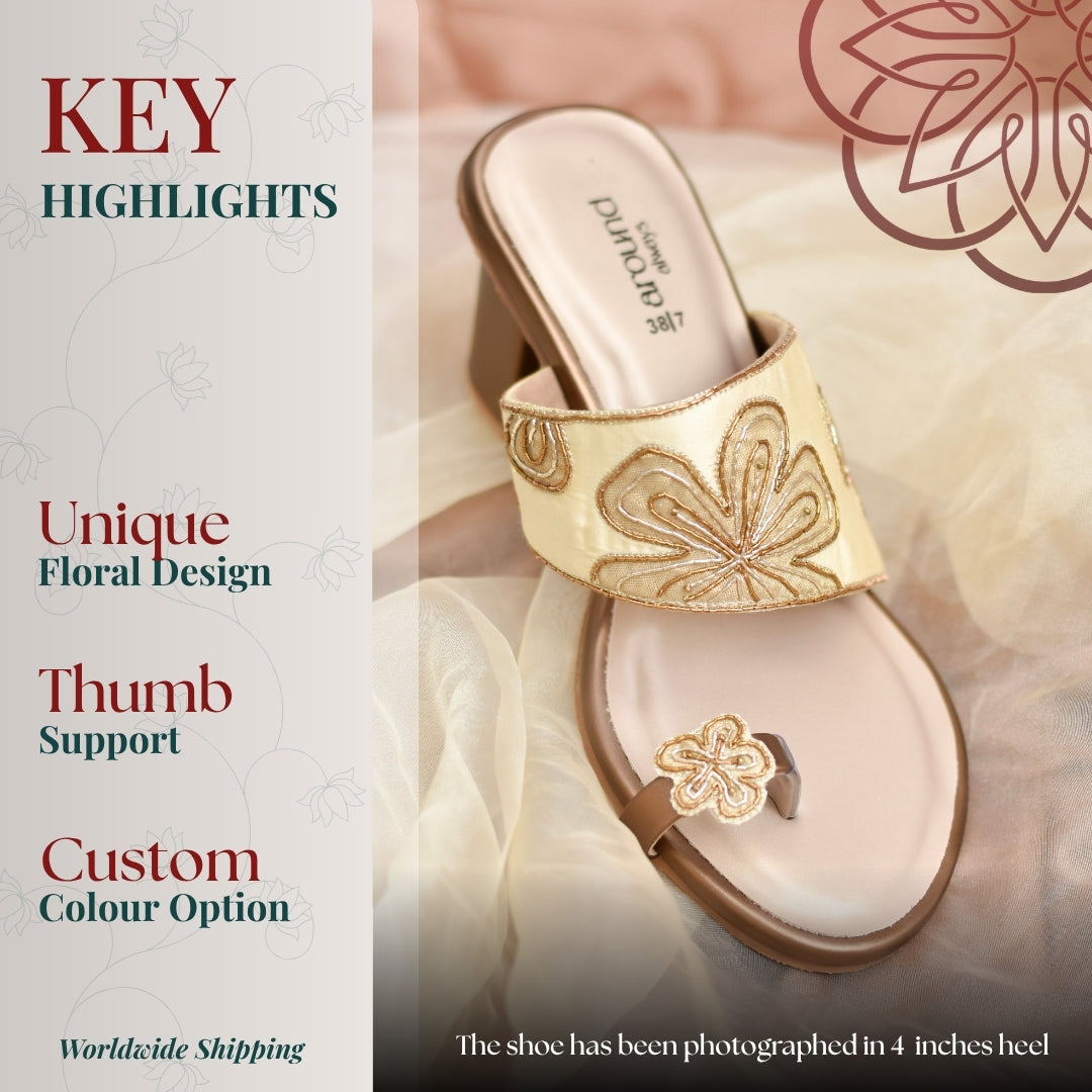 Gold floral embroidered block heel sandal with toe loop detail, open toe design for graceful festive wear