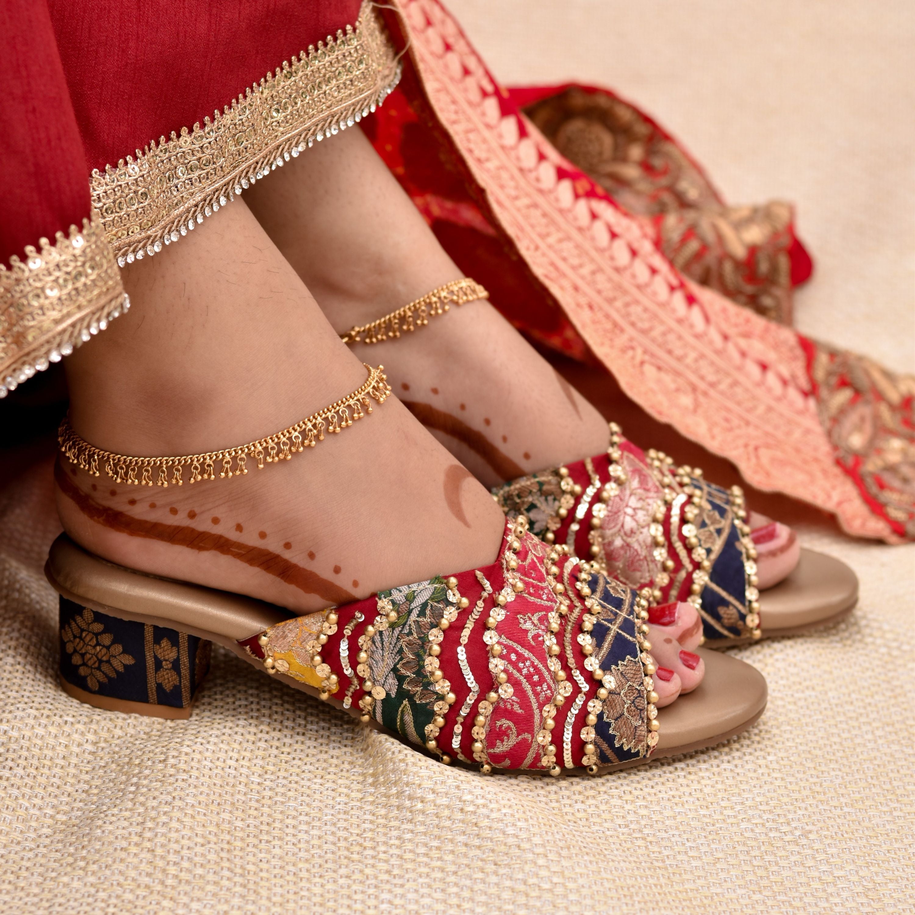 Comfortable bridal footwear with colourful brocade applique 
