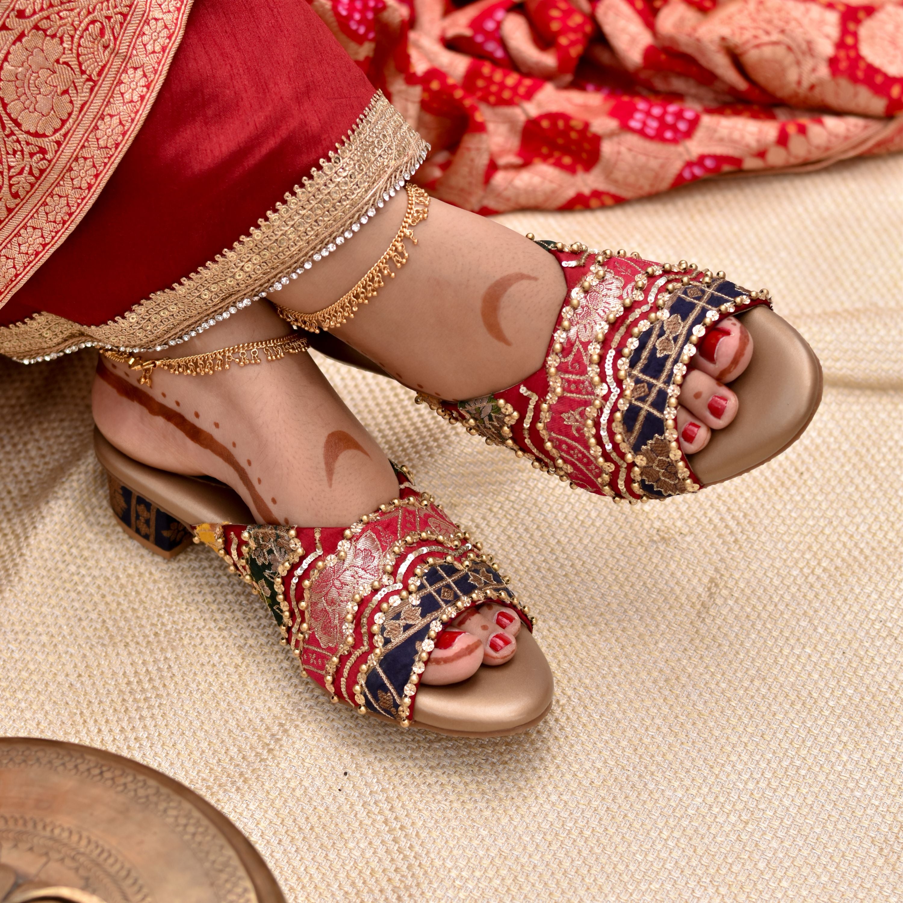 Multicoloured brocade festive block heel sandals with golden sequin