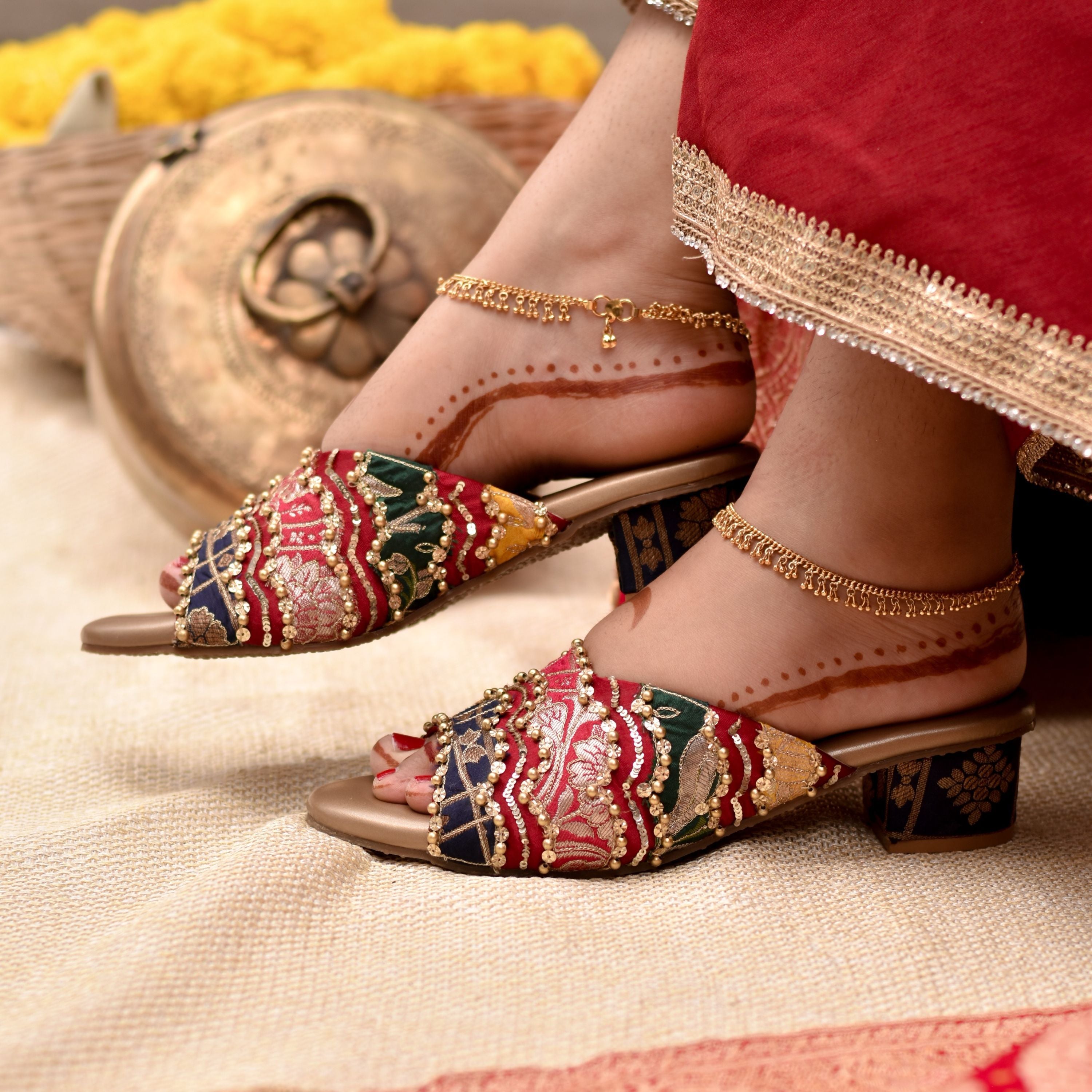 Occasion wear sandals with golden embroidery and brocade straps