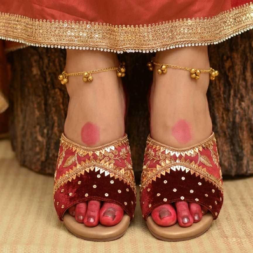 Dark red brocade sandals with sequins detailing on edges and cushioned insole