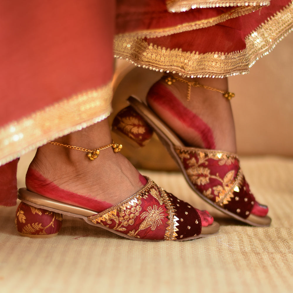 Ethnic maroon heel with stable heel and cushioned insole.
