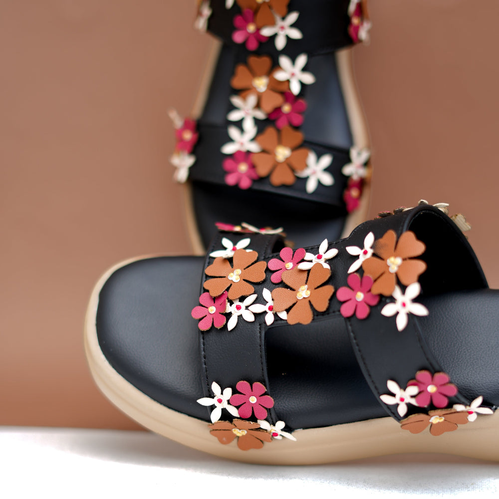 Black occasion sandal with burgundy and brown floral motifs
