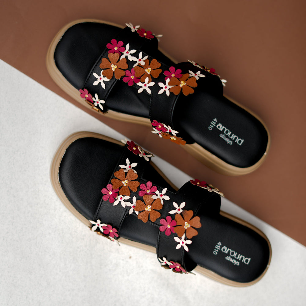 Black platform sandal with burgundy, brown and ivory flowers
