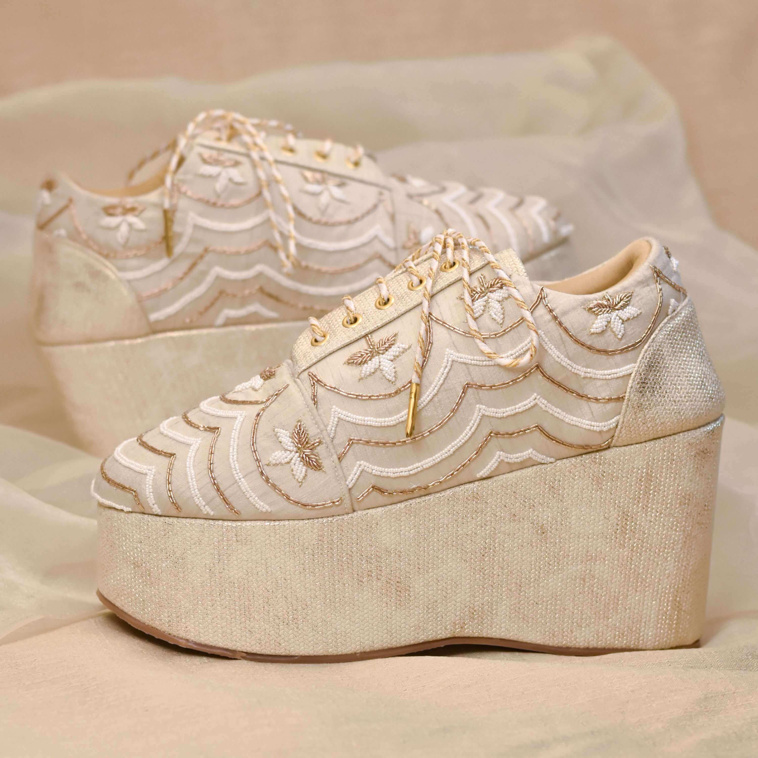 Ivory shimmer heels with zardozi embroidery and pearl detailing