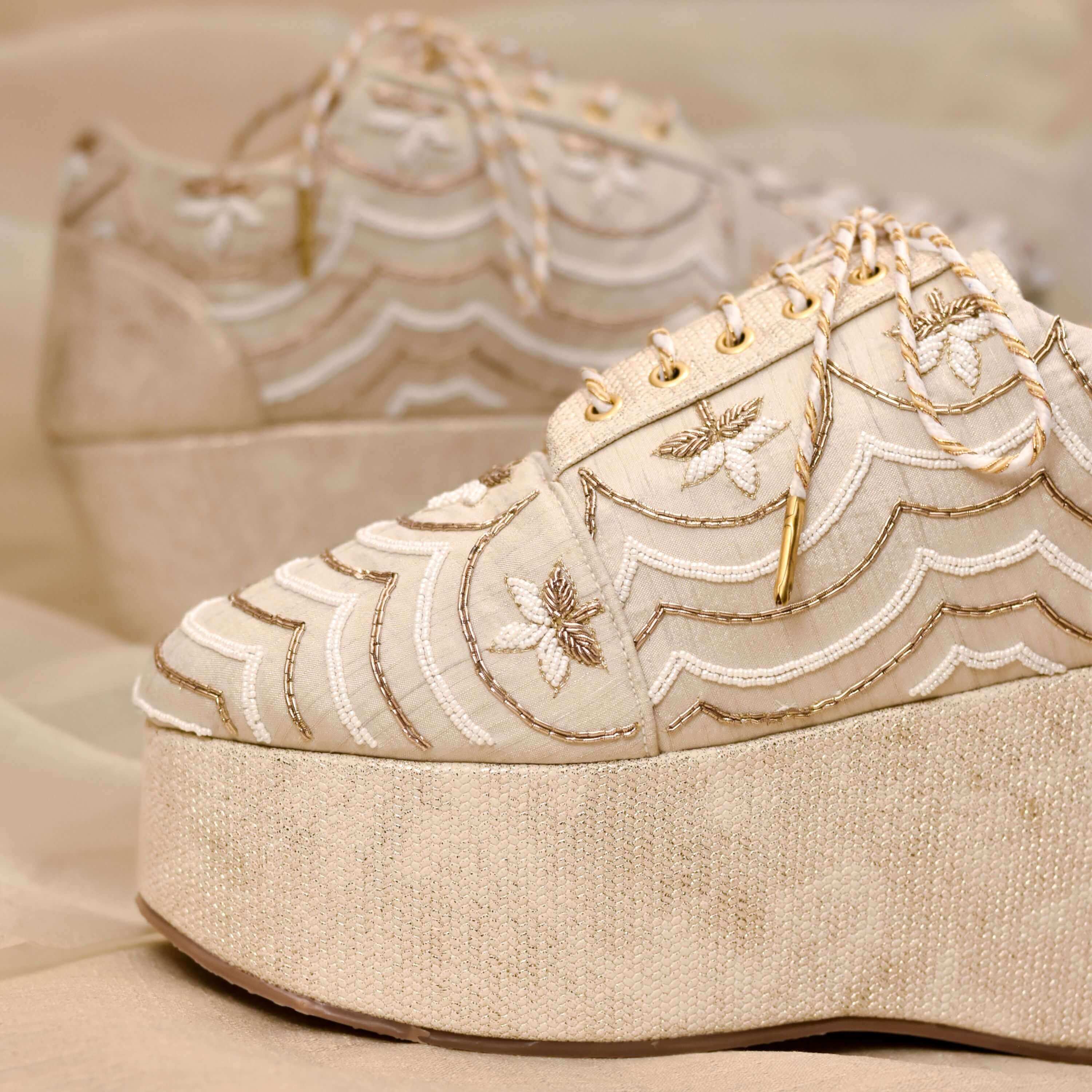 Stylish festive heels in ivory and gold with metal embroidery