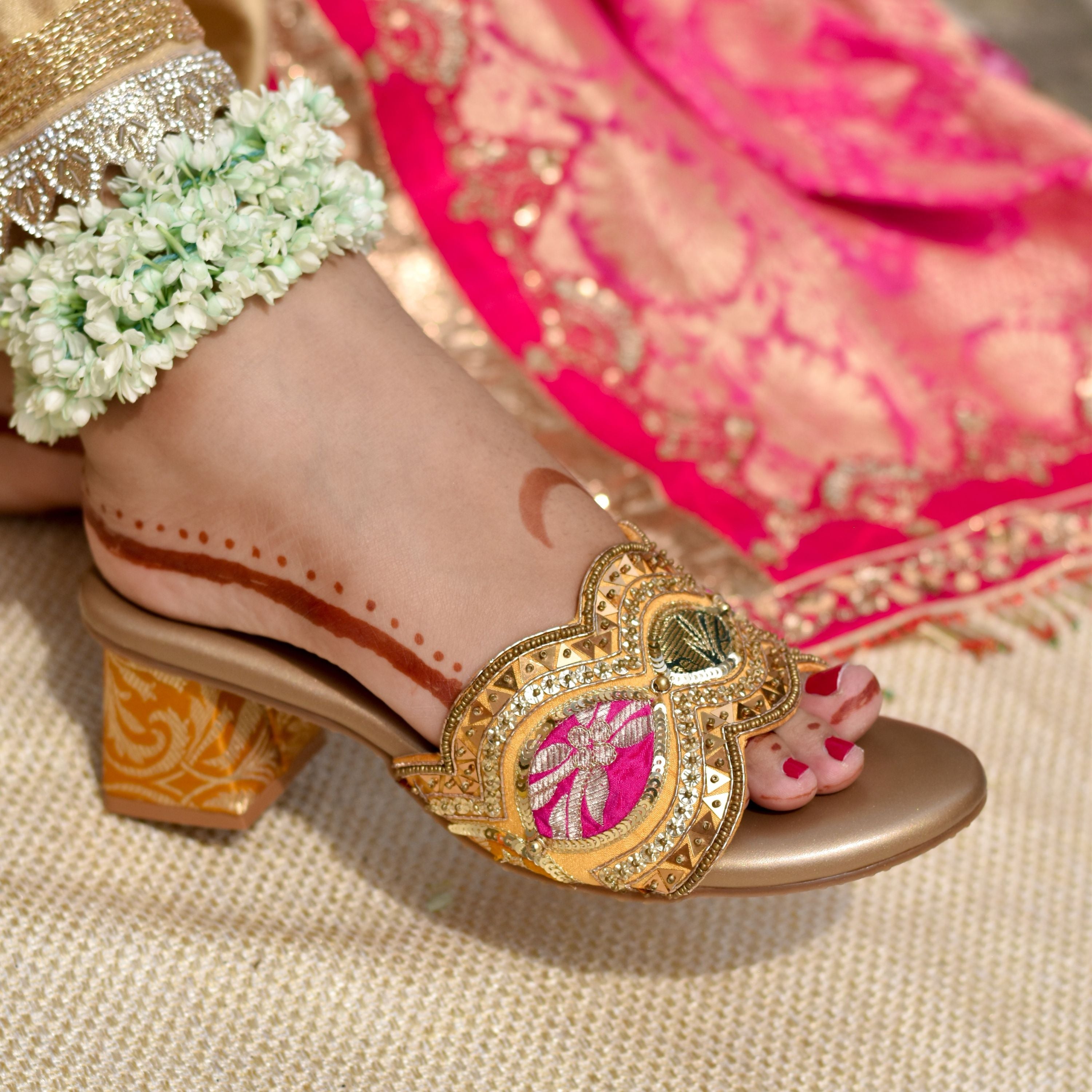 Handmade bridal heels with colourful brocade and sequins. 