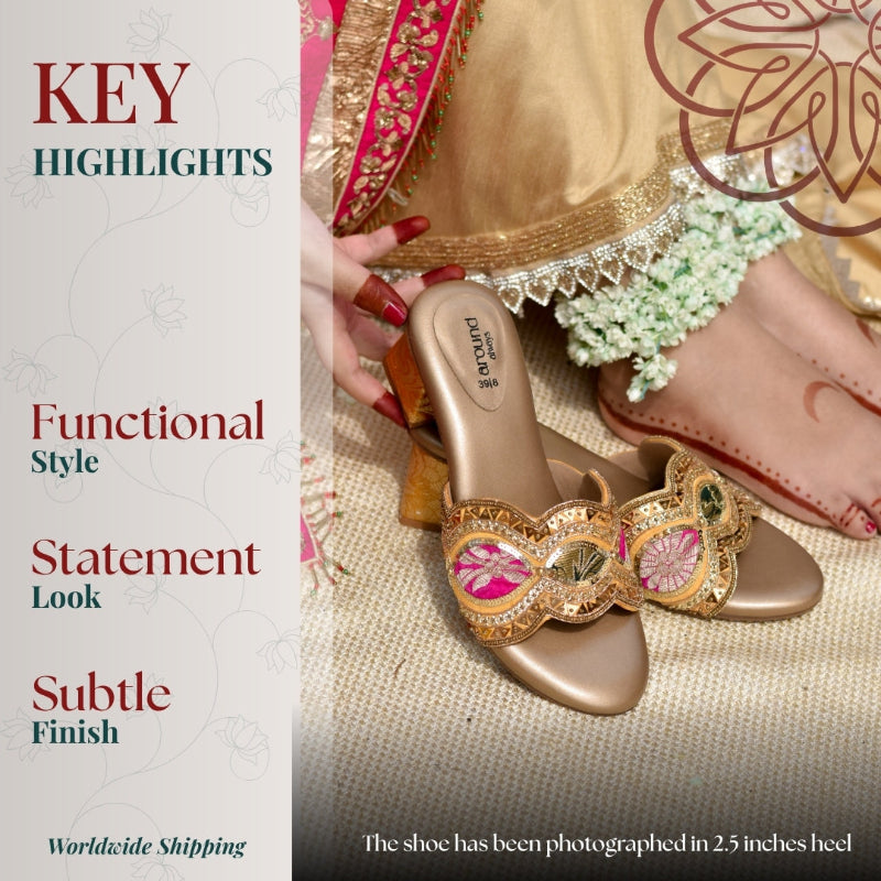 Elegant Indian occasion heels with scalloped embroidered strap and cushioned metallic footbed
