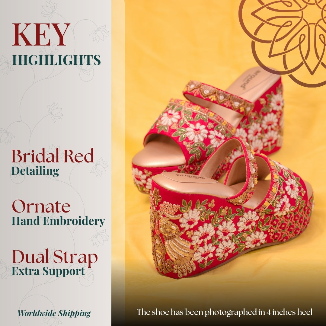 Red festive wedges with intricate hand embroidery and elevated platform