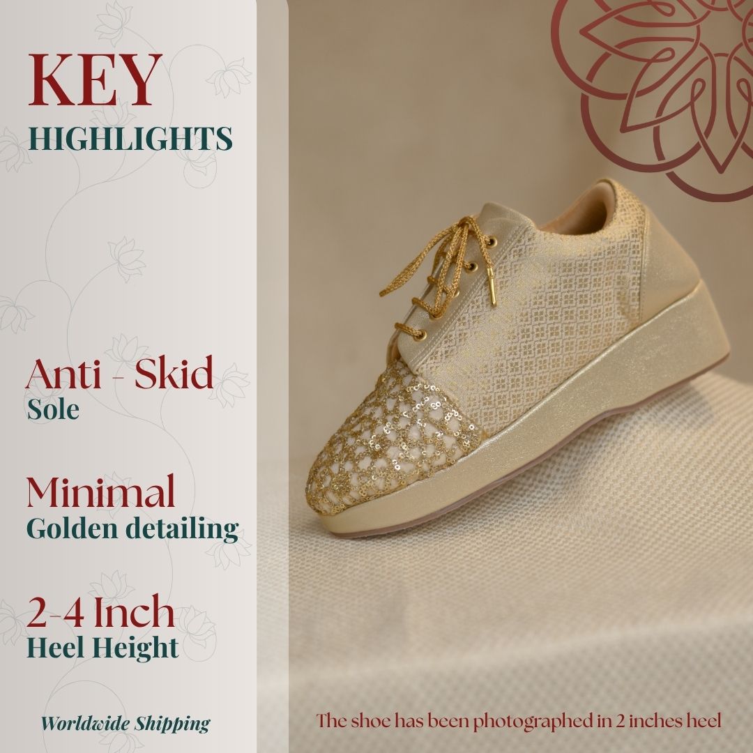 Golden wedding sneakers with heels and brocade and sequins detailing